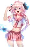  astolfo_(fate) black_bow black_ribbon bow braid commentary_request fang fate/apocrypha fate/grand_order fate_(series) hair_intakes hair_ribbon highres long_braid long_hair looking_at_viewer male_focus midriff multicolored_hair navel open_mouth otoko_no_ko pink_hair purple_eyes rahato red_sailor_collar ribbon sailor_collar single_braid smile solo streaked_hair very_long_hair 