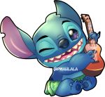  2017 4_toes alien alpha_channel back_markings black_claws blue_fur blue_nose chibi claws clothed clothing digital_media_(artwork) disney experiment_(species) fur grass_skirt head_tuft holding_musical_instrument lilo_and_stitch looking_at_viewer markings musical_instrument notched_ear one_eye_closed open_mouth open_smile pwahlala simple_background sitting smile sparkles stitch toes topless transparent_background tuft ukulele watermark wink 