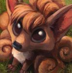  2018 ambiguous_gender big_eyes bird&#039;s-eye_view brown_eyes brown_fur cute day feral fluffy fluffy_tail fur grass high-angle_view kenket looking_up multi_tail nintendo outside painting_(artwork) paws pok&eacute;mon pok&eacute;mon_(species) solo traditional_media_(artwork) url video_games vulpix white_fur 