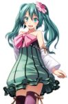  :d absurdres bangs blue_dress blue_eyes blue_hair bow brown_ribbon collarbone colorful_x_melody_(vocaloid) cowboy_shot dress eyebrows_visible_through_hair floating_hair hair_between_eyes hair_ornament hatsune_miku highres long_hair looking_at_viewer open_mouth pink_bow project_diva_(series) purple_legwear ribbon ribbon-trimmed_sleeves ribbon_trim short_dress simple_background sleeveless sleeveless_dress smile solo standing strapless strapless_dress striped thighhighs tsukishiro_saika twintails vertical-striped_dress vertical_stripes vocaloid white_background 