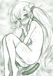  1girl azur_lane bed_sheet blush dildo eldridge_(azur_lane) female hair_ornament looking_at_viewer lying masturbation monochrome nude on_bed piano-alice pussy_juice sketch solo sweat thighhighs twintails 