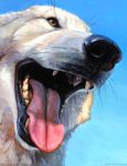  2018 ambiguous_gender brown_fur canine day feral front_view fur headshot_portrait hi_res kenket mammal mouth_shot open_mouth outside painting_(artwork) pink_tongue portrait sharp_teeth sky solo teeth tongue tongue_out traditional_media_(artwork) url white_fur wolf 