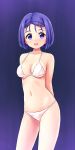 :d aposine arms_behind_back bikini blush breasts collarbone commentary cowboy_shot english_commentary hair_ornament hairclip highres looking_at_viewer medium_breasts navel open_mouth purple_background purple_eyes purple_hair sairenji_haruna short_hair simple_background smile solo standing swimsuit to_love-ru white_bikini 
