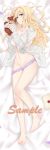  absurdres barefoot bed_sheet blonde_hair blue_eyes breasts cleavage dakimakura dress_shirt evan_(912319) feet from_above full_body groin highres holding letter long_hair looking_at_viewer lying medium_breasts midriff navel ocean on_back open_clothes open_shirt panties panty_pull parted_lips purple_panties sample shirt solo stomach stuffed_animal stuffed_toy teddy_bear underwear violet_evergarden violet_evergarden_(character) white_shirt 