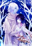  1boy 1girl amalia_sheran_sharm black_hair blue_eyes blue_sky couple dress fingerless_gloves gloves kei_ss outdoors short_dress short_hair short_sleeves silver_hair sky slayers snowing white_dress white_gloves zelgadiss_graywords 