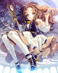  black_footwear blue_eyes brown_hair brown_skirt cherrypin chestnut_mouth clock full_body gears looking_at_viewer pantyhose puffy_sleeves quill skirt solo tenkuu_no_crystalia w_arms white_legwear 