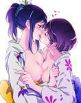  alternate_hairstyle asymmetrical_docking bare_shoulders blue_eyes blue_hair blush breast_press breasts breasts_outside closed_eyes dokidoki!_precure eyebrows_visible_through_hair french_kiss from_side heart hishikawa_rikka japanese_clothes kenzaki_makoto kimono kiss looking_at_another medium_breasts multiple_girls negom nipple-to-nipple nipples no_bra open_mouth ponytail precure profile purple_hair short_hair simple_background tongue tongue_out white_background yukata yuri 