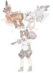  animal_ears bear_ears bear_paw bear_tail bike_shorts bird_tail bird_wings boots brown_bear_(kemono_friends) brown_hair clenched_hand coat collared_shirt commentary_request elbow_gloves eurasian_eagle_owl_(kemono_friends) flying flying_sweatdrops fur_collar gloves head_wings highres kemono_friends konabetate long_sleeves multicolored_hair multiple_girls neck_ribbon northern_white-faced_owl_(kemono_friends) outstretched_hand owl_ears pantyhose pleated_skirt pout ribbon shirt short_hair short_sleeves shorts shorts_under_skirt skirt t-shirt tail translation_request weapon white_hair wings 