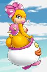  &lt;3 blue_eyes bow breasts female jewelry koopa koopaling looking_at_viewer mario_bros miss_moosie nintendo nipples one_eye_closed pussy scalie short_stack solo sr video_games wendy_o_koopa wink 