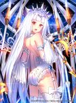  ass bangs bare_shoulders blunt_bangs bow choker cowboy_shot crown detached_sleeves eternal_wars garter_straps glint hair_ornament highres holding leotard long_hair looking_at_viewer official_art open_mouth red_eyes sky solo standing star_(sky) starry_sky sysen thighhighs very_long_hair watermark web_address white_bow white_choker white_hair white_legwear white_leotard 