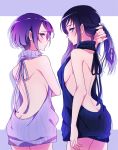  ass backless_outfit bare_back bare_shoulders blue_eyes blue_hair breasts butt_crack dokidoki!_precure hishikawa_rikka kenzaki_makoto looking_at_viewer looking_back medium_breasts meme_attire multiple_girls negom precure purple_eyes purple_hair short_hair sideboob sweater turtleneck turtleneck_sweater virgin_killer_sweater 