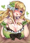  1girl black_bow blonde_hair blush bow breasts choujigen_game_neptune cleavage commentary_request cum cum_on_body cum_on_breasts cum_on_upper_body dress ejaculation ejaculation_between_breasts eyebrows_visible_through_hair facial fingernails full-face_blush green_dress green_scrunchie hair_between_eyes hands_up heart heart-shaped_pupils hetero huge_breasts licking_lips looking_at_viewer neck_ribbon neptune_(series) osiimi paizuri pov_crotch ribbon scrunchie smile symbol-shaped_pupils tongue tongue_out vert white_background wrist_scrunchie 