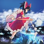  absurdres album_cover angry black_footwear black_hair bow cloud commentary cover day detached_sleeves frown gohei hair_tubes hakurei_reimu heaven highres huge_filesize keystone long_skirt majormilk mountain ponytail profile red_bow red_eyes red_shirt red_skirt shirt skirt touhou white_frills white_legwear yellow_neckwear 