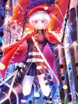  belt black_gloves black_skirt copyright_name eternal_wars frown gloves hat highres jacket jacket_on_shoulders leg_ribbon official_art purple_eyes red_hat red_jacket ribbon skirt solo standing sysen white_hair white_legwear 