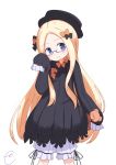 abigail_williams_(fate/grand_order) bangs bespectacled black_bow black_dress black_hat blonde_hair bloomers blue-framed_eyewear blue_eyes blush bow bug butterfly closed_mouth commentary_request dress eyebrows_visible_through_hair fate/grand_order fate_(series) forehead glasses hair_bow hat highres holding holding_stuffed_animal insect kujou_karasuma long_hair long_sleeves looking_at_viewer orange_bow parted_bangs semi-rimless_eyewear simple_background sleeves_past_fingers sleeves_past_wrists smile solo stuffed_animal stuffed_toy teddy_bear under-rim_eyewear underwear very_long_hair white_background white_bloomers 