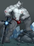  2018 absurd_res anthro big_muscles bulge canine carrymeow clothed clothing digital_media_(artwork) fur hi_res male mammal melee_weapon muscular muscular_male pecs simple_background solo sword tattoo topless weapon wolf 