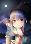  bangs beanie black_hat blue_hair blush closed_mouth commentary_request eyebrows_visible_through_hair full_moon green_jacket hair_between_eyes hat holding jacket lake moon mount_fuji night night_sky outdoors purple_eyes scarf shima_rin sky smile solo steam sylphine water yurucamp 