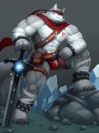  2018 absurd_res anthro big_muscles bulge canine carrymeow clothed clothing digital_media_(artwork) fur headband hi_res male mammal melee_weapon muscular muscular_male pecs scarf simple_background solo sword tattoo weapon wolf 