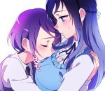  blue_eyes blue_hair blush closed_eyes dokidoki!_precure hishikawa_rikka kenzaki_makoto long_hair looking_at_another multiple_girls negom precure purple_hair short_hair simple_background upper_body white_background yuri 