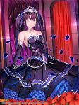  arch arms_at_sides bare_shoulders black_dress black_hair breasts cleavage dress elbow_gloves eternal_wars flower gloves highres indoors looking_at_viewer medium_breasts official_art parted_lips purple_eyes red_flower smile solo sysen tiara two_side_up watermark 
