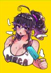  ahoge bare_shoulders breasts breath cleavage clothes_writing commentary covered_nipples english_commentary food hair_ornament hair_scrunchie hand_up huge_breasts looking_at_viewer mega_milk nyarla_(osiimi) original osiimi ponytail popsicle purple_eyes purple_hair purple_scrunchie scrunchie simple_background solo summer sweat tongue tongue_out yellow_background 