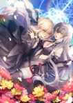  2girls armor armored_dress artoria_pendragon_(all) black_dress blonde_hair blurry chain commentary_request depth_of_field dress eyebrows_visible_through_hair fate/grand_order fate_(series) field flower flower_field fur_trim gauntlets headpiece highres jeanne_d'arc_(alter)_(fate) jeanne_d'arc_(fate)_(all) long_hair looking_at_viewer multiple_girls open_mouth rainbow saber_alter short_hair thighhighs yellow_eyes zettai_ryouiki 