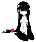  black_eyes black_hair black_skin breasts hime_cut kai_himo long_hair looking_at_viewer low-tied_long_hair medium_breasts monster_girl multicolored multicolored_skin navel nude one_eye_closed original pointy_ears red_pupils seiza simple_background sitting smile solo very_long_hair white_background white_skin 
