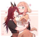  ? animal_ears bang_dream! bangs blue_eyes blush bone crop_top dog_ears dog_tail gloves green_eyes hug long_hair low_twintails midriff mouth_hold multiple_girls navel one_eye_closed open_mouth paw_gloves paws pink_hair re_ghotion red_collar red_hair short_sleeves skirt spoken_flying_sweatdrops spoken_question_mark tail twintails udagawa_tomoe uehara_himari 