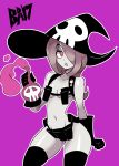 company_connection cosplay hat highres kill_la_kill little_witch_academia nude nudist_beach_uniform potion purple_background skull solo sucy_manbavaran thick_thighs thighs witch_hat 