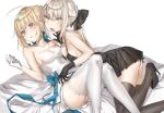  artoria_pendragon_(all) ass bangs bare_shoulders black_bow black_dress black_footwear black_gloves black_legwear blonde_hair blood blue_eyes bow breasts brown_hair collarbone commentary dress eyebrows_visible_through_hair fangs fate/stay_night fate_(series) gloves hair_between_eyes hair_bow high_heels highres lying medium_breasts multiple_girls myo_ne on_back open_mouth panties parted_lips ponytail saber saber_alter simple_background strapless strapless_dress thighhighs tongue tongue_out underwear white_background white_dress white_gloves white_legwear white_panties yellow_eyes 