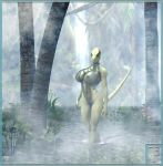  2006 3d_(artwork) anthro breasts clothing digital_media_(artwork) dinosaur female fog green_scales jungle nipples one-piece_swimsuit raptor scales solo swimsuit terminvs_est theropod water waterfall 