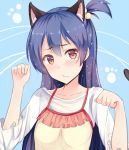  animal_ears bangs blue_eyes blue_hair blush camisole camisole_over_clothes cat_ears cat_tail commentary_request cosplay eyebrows_visible_through_hair hair_between_eyes hair_bobbles hair_ornament hana_ichi_(hanaichi1990) hoshizora_rin hoshizora_rin_(cosplay) kemonomimi_mode long_hair looking_at_viewer love_live! love_live!_school_idol_project one_side_up paw_pose paw_print simple_background solo sonoda_umi tail upper_body yellow_eyes 