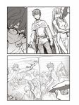  774_(nanashi) back-to-back belt breasts cape closed_mouth comic drawing glasses greyscale hachiouji highres ijiranaide_nagatoro-san lined_paper mechanical_pencil medium_breasts monochrome open_mouth over-rim_eyewear pencil semi-rimless_eyewear short_hair silent_comic smile solo sword weapon 