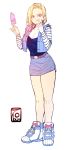  1girl absurdres android_18 artist_request bald blonde_hair blue_eyes breasts denim denim_skirt dragon_ball dragonball_z earrings food highres jeans jewelry kuririn long_hair looking_at_viewer pants pantyhose pencil_skirt popsicle short_hair simple_background skirt smile solo white_background 