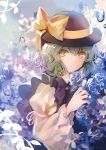  black_hat blue_flower blue_rose bow commentary elise_(piclic) eyebrows_visible_through_hair flower frilled_shirt_collar frills green_eyes green_hair hair_between_eyes hat hat_bow juliet_sleeves komeiji_koishi light_particles long_sleeves looking_at_viewer puffy_sleeves rose shirt short_hair solo touhou upper_body water wide_sleeves yellow_bow yellow_shirt 