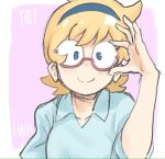  adjusting_eyewear blonde_hair blue_eyes blue_hairband blue_shirt closed_mouth collarbone collared_shirt copyright_name freckles glasses hairband hand_up little_witch_academia looking_at_viewer lotte_jansson red-framed_eyewear semi-rimless_eyewear shirt short_hair short_sleeves smile solo sou_(pale_1080) under-rim_eyewear upper_body 