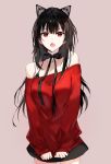  :o animal_ears bangs bare_shoulders bell bell_choker black_bra black_choker black_hair black_ribbon black_skirt bow bra bra_strap cat_ears choker collarbone fake_animal_ears fang grey_background jingle_bell lace long_hair long_sleeves looking_at_viewer miniskirt naru_(ul) off-shoulder_shirt open_mouth original pink_background red_eyes red_shirt ribbon ribbon_choker shirt shirt_tug simple_background skirt solo standing underwear 