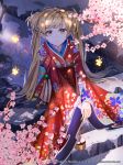  brown_eyes cherry_blossoms eternal_wars floral_print highres japanese_clothes kimono long_hair looking_at_viewer official_art outdoors puddle rain sitting smile stairs sysen twintails watermark web_address 