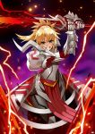  absurdres armor bangs blonde_hair braid clarent clenched_teeth electricity fate/apocrypha fate_(series) french_braid gauntlets green_eyes highres holding holding_sword holding_weapon long_hair looking_at_viewer mk_(lazymk) mordred_(fate) mordred_(fate)_(all) ponytail shoulder_armor solo sword teeth weapon 
