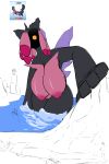  2018 anthro anthrofied big_breasts black_body breasts digital_media_(artwork) female glowing glowing_eyes hybrid legendary_pok&eacute;mon lileep lugia macro mountain nintendo nude partially_submerged pok&eacute;mon pok&eacute;mon_(species) pok&eacute;mon_fusion purple_body purple_wings pussy quin-nsfw sea solo video_games walking water wings yellow_eyes 