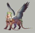  1girl braid feathered_wings female flower flower_wreath full_body grey_background monster_girl original simple_background solo sphinx twitter_username very_long_hair wings yuzu_shio 