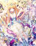  aqua_eyes bangs barefoot blonde_hair book breasts cherrypin cleavage double_bun dress floral_print flower gem hair_ornament holding holding_book jewelry knife long_hair looking_at_viewer medium_breasts necklace open_book sitting smile sparkle tenkuu_no_crystalia water water_drop white_dress 
