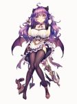 :o ahoge belt black_legwear bow bow_(weapon) breasts crossbow demon_girl demon_tail demon_wings dk.senie eyebrows_visible_through_hair full_body garter_straps grey_background hair_bow highres large_breasts long_hair looking_at_viewer original puffy_short_sleeves puffy_sleeves purple_eyes purple_hair shoes shoes_removed short_sleeves simple_background single_shoe solo tail thighhighs weapon wings 