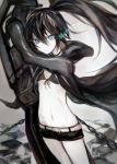  arm_up bangs belt belt_buckle bikini_top black_bikini_top black_gloves black_hair black_hoodie black_rock_shooter black_rock_shooter_(character) black_shorts blue_eyes buckle chain closed_mouth commentary_request flat_chest front-tie_bikini front-tie_top gloves glowing glowing_eye hair_between_eyes hasunokaeru highres holding hood hood_down hoodie long_hair long_sleeves looking_at_viewer navel open_clothes open_hoodie pale_skin short_shorts shorts solo stitches twintails white_belt 
