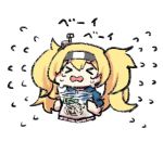  bean_sprout blonde_hair blue_shirt chibi closed_eyes commentary crying gambier_bay_(kantai_collection) hair_between_eyes hairband holding holding_bag kantai_collection long_hair nobuyoshi-zamurai open_mouth shirt twintails white_background 