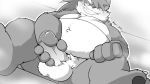  2018 anthro balls blush canine digital_media_(artwork) dog erection fur hair humanoid_penis looking_at_viewer mabit male mammal nude overweight penis shino_(housamo) slightly_chubby smile solo spread_legs spreading tokyo_afterschool_summoners 