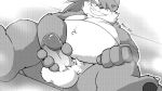  2018 anthro balls blush canine digital_media_(artwork) dog erection fur hair humanoid_penis looking_at_viewer mabit male mammal nude overweight penis shino_(housamo) slightly_chubby smile solo spread_legs spreading tokyo_afterschool_summoners 
