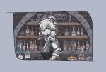  alpaca_ears alpaca_suri_(kemono_friends) alternate_costume animal_ears bartender black_vest blonde_hair blue_eyes bottle buttons closed_mouth collared_shirt commentary contemporary cup drinking_glass hair_over_one_eye highres indoors kemono_friends long_sleeves looking_at_viewer medium_hair pueblo shirt sleeves_rolled_up smile solo upper_body vest white_shirt wine_bottle wine_glass wing_collar 