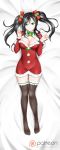  alfred_cullado blush breasts capelet cleavage dakimakura fur-trimmed_capelet fur_trim green_eyes highres large_breasts lying neck_bell neck_ribbon neo_(rwby) on_back patreon_logo ribbon rwby smile solo thighhighs thighs twintails watermark web_address 