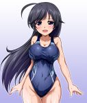  black_eyes black_hair black_swimsuit blush breasts competition_swimsuit girls_und_panzer grey_background highres isuzu_hana large_breasts long_hair messy_hair one-piece_swimsuit open_mouth smile solo swimsuit wet wet_clothes wet_swimsuit zanntetu 